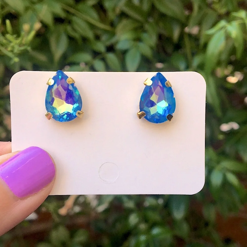 Light Sapphire Aurora Borealis + Gold Pear Crystal Earrings